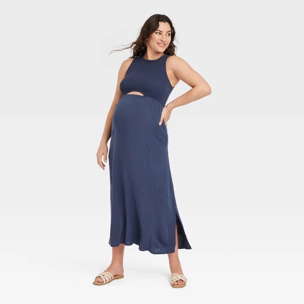 maternity sleeveless maxi dress navy smocked empire waist cutout comfy xxl - Picture 1 of 8
